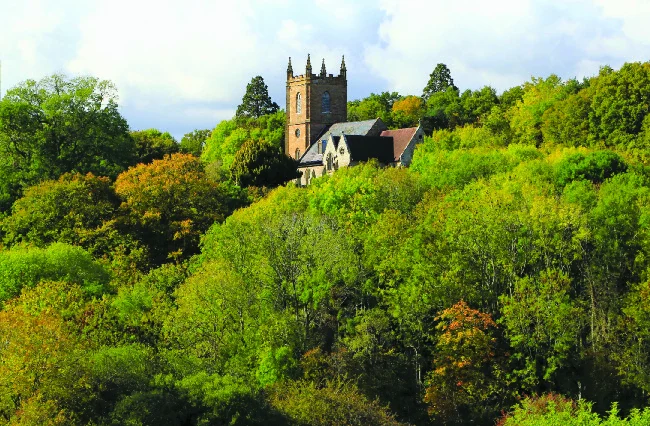 A church with a square tower on top of a steep wooded hillside in autumn colours