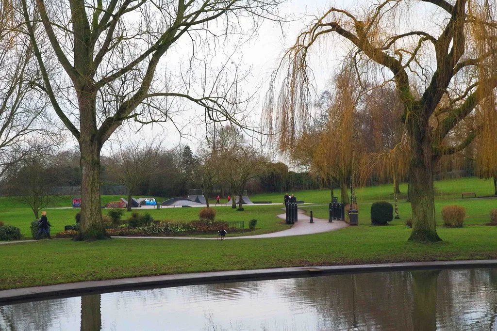 Paths, the pool and the skatepark in Sanders Park, Bromsgrove, where the council's Halloween Light Trail runs on 31 October. Photographed in daylight, not at the event