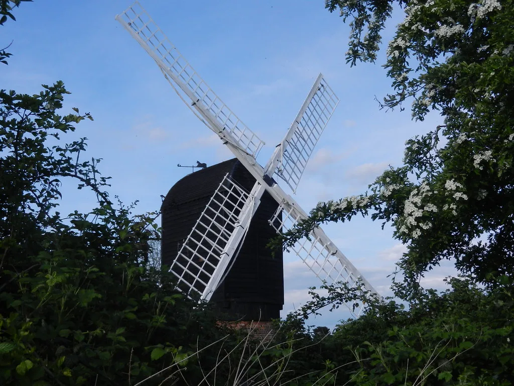 The re-erected windmill at Avoncroft Museum of Historic Buildings, seen through a hedge. The application site is the block of fields immediately south of the museum.