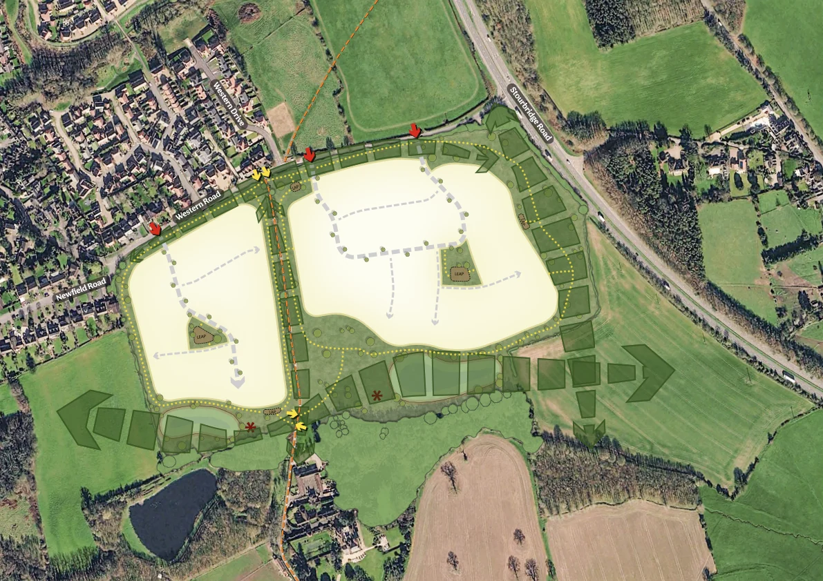 Illustrative concept plan on an aerial photograph showing two development parcels south of Western Road in Hagley, with green corridors around the edges, play areas marked LAP and LEAP, arrows showing three vehicular access points off Western Road and a bridleway running between the two fields