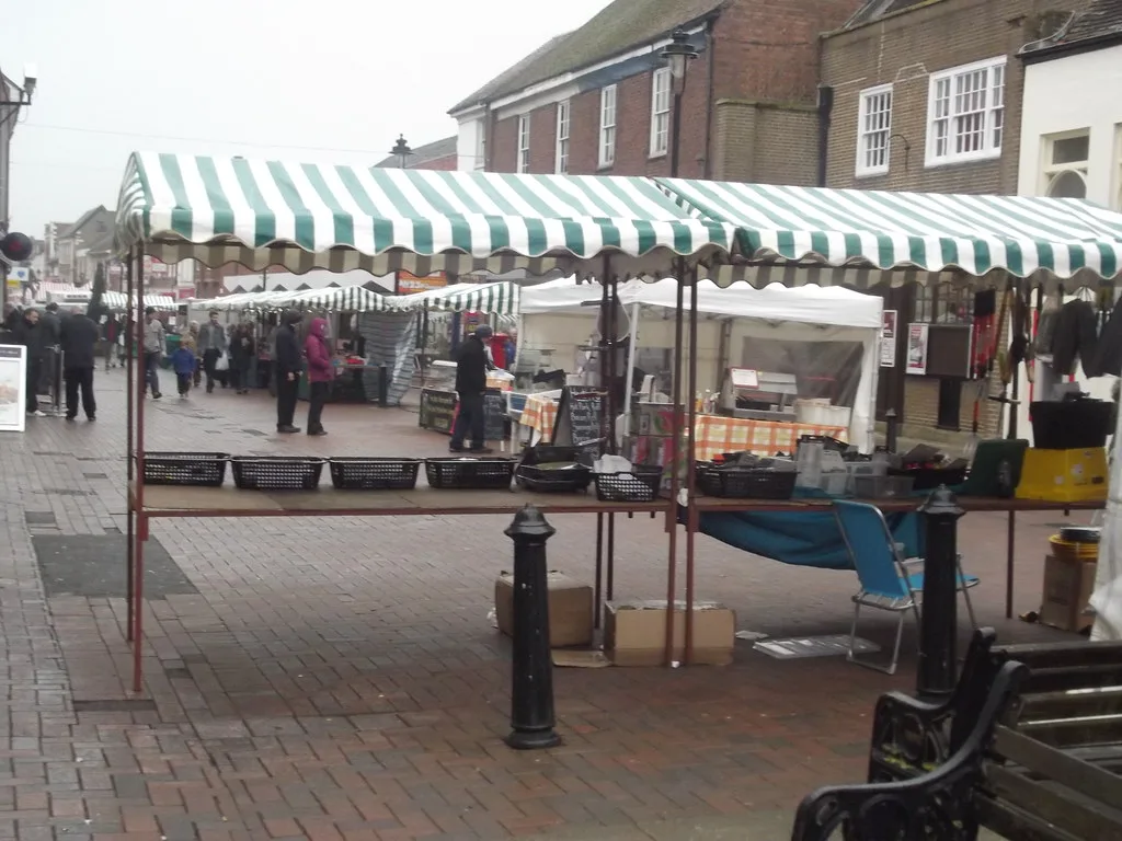 Market stalls on Bromsgrove High Street, where the market trades every Tuesday, Friday and Saturday